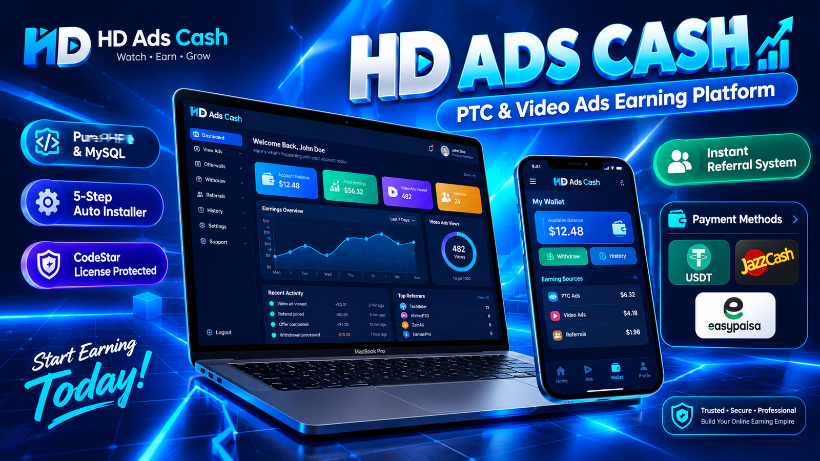 HD Ads Cash - Modern PTC & Video Ads Earning Platform with Automated 5-Step Installer (PHP & MySQL)