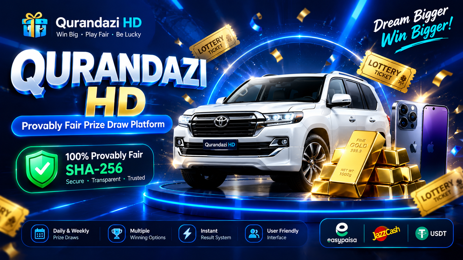 Qurandazi HD - Provably Fair Prize Draw & Lottery Platform with JazzCash, Easypaisa, Multi-Currency & 4-Step Installer