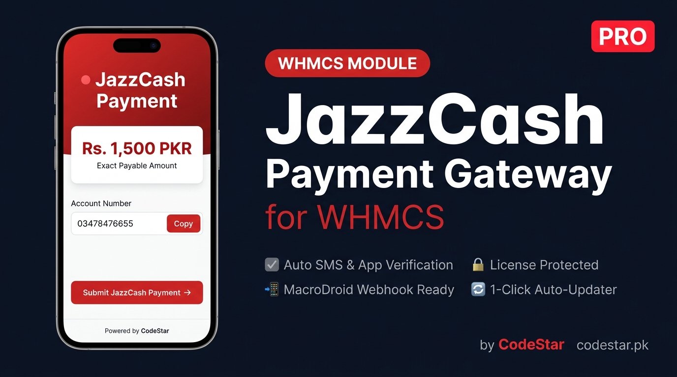 JazzCash Payment Gateway for WHMCS — Auto SMS & App Notification Verification